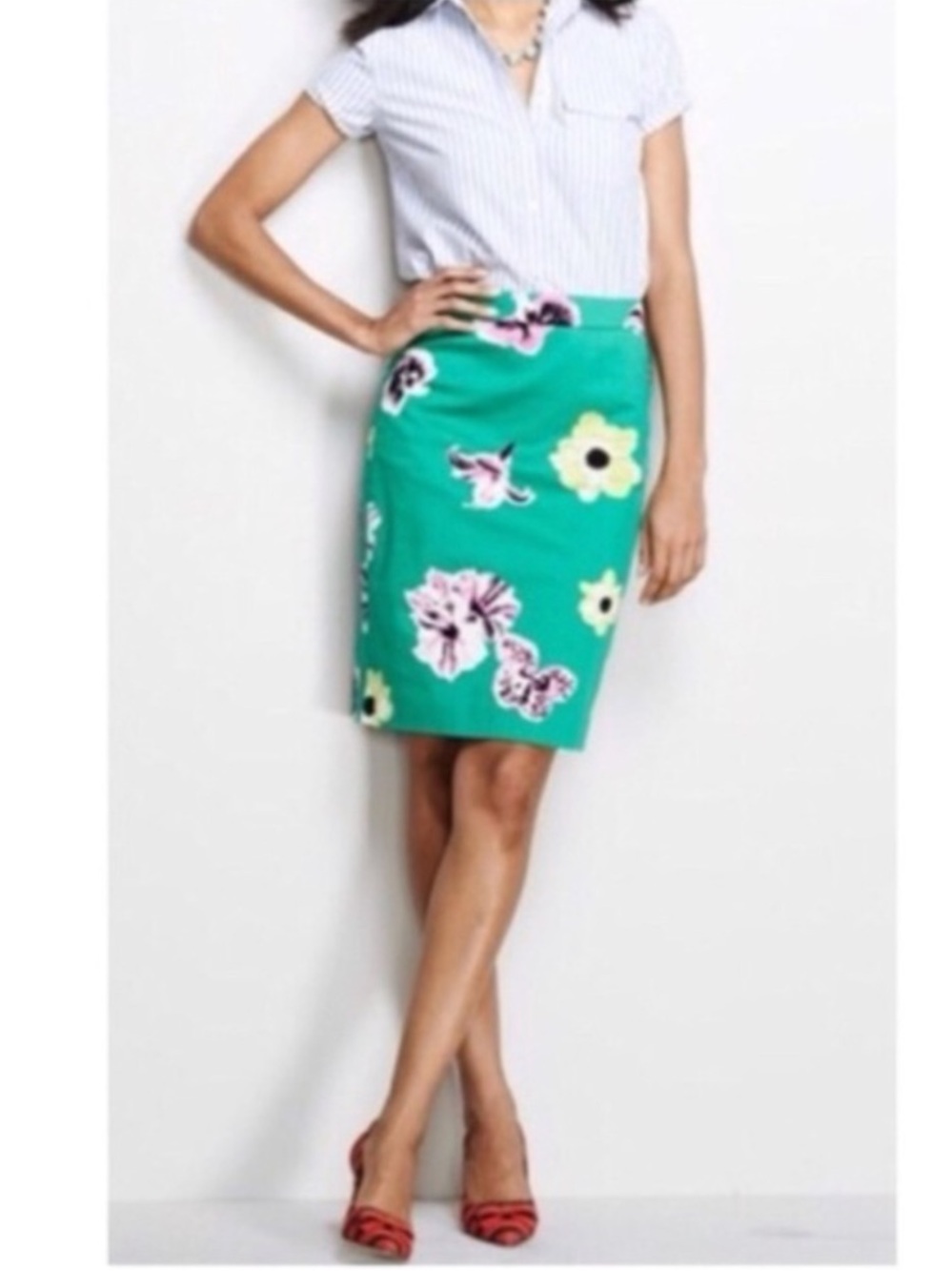 J.Crew The Pencil Skirt Size 4 Green Floral Print Cotton Stretch Pencil Skirt